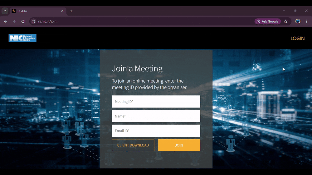 Screenshot of the NIC Huddle meeting page with Login button highlighted.
